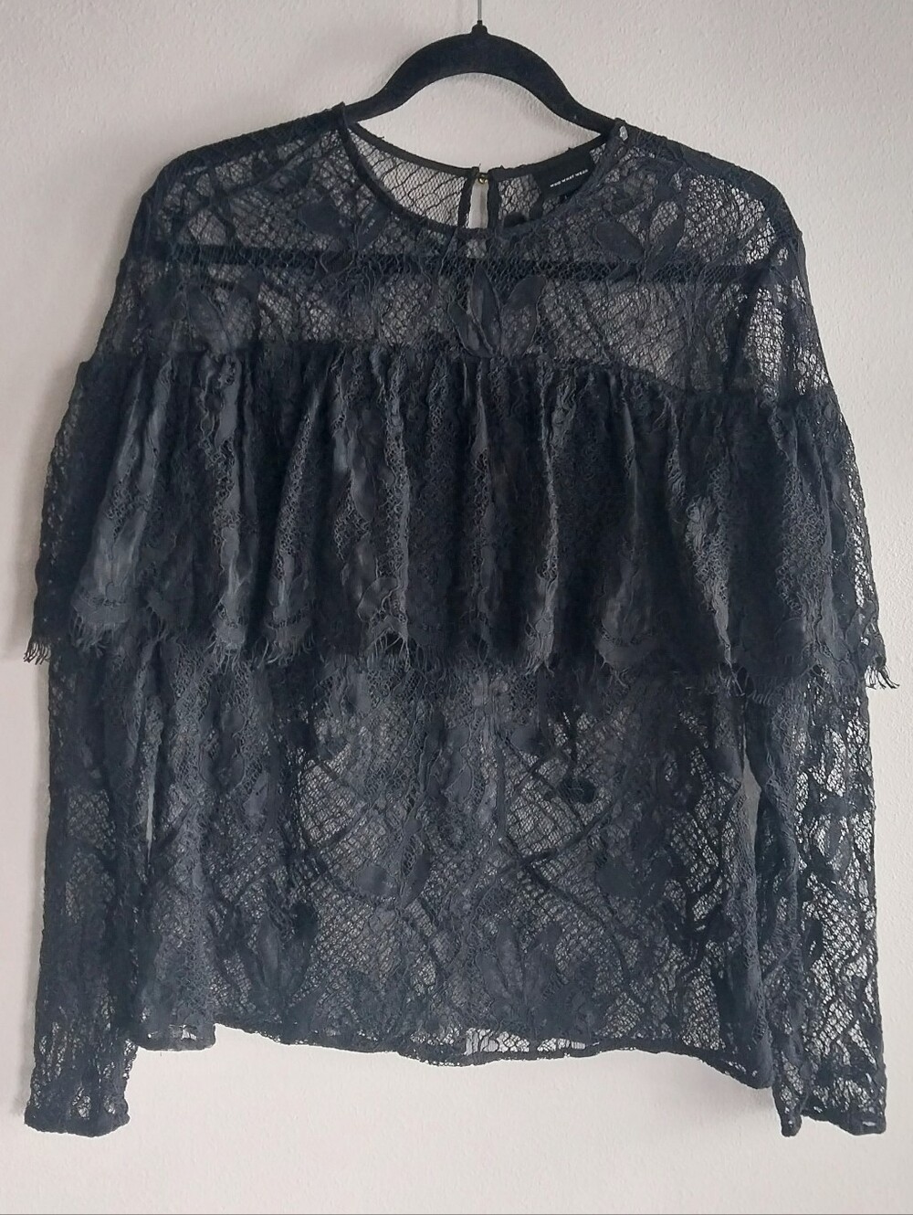 Who What Wear Black Ruffle Lace Long Sleeve Top NWOT